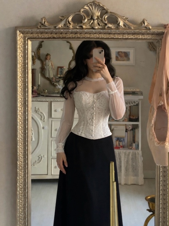 None Tops - Sheer Lace Corset Top in White